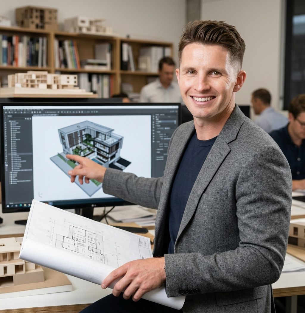 An architect presenting a 3D building design and floor plans in a studio